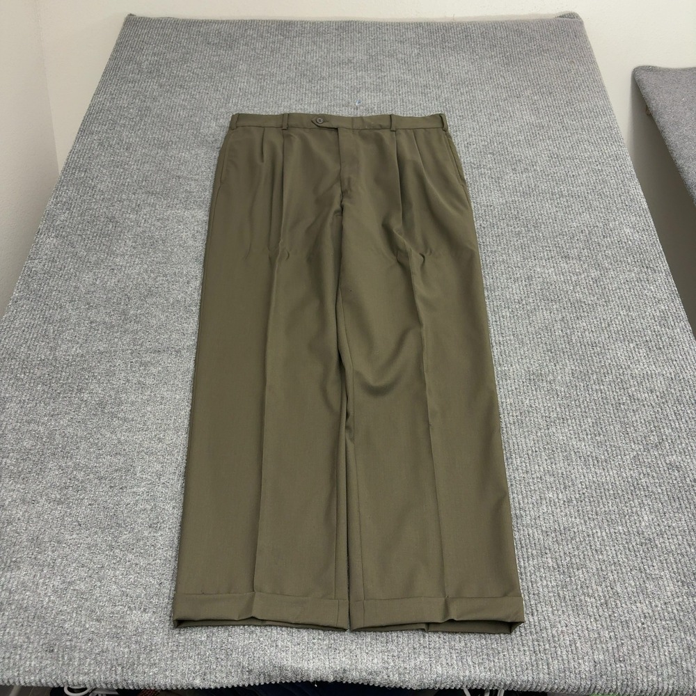 Jos A Bank Dress Pants Mens 39x32 Olive Green Wool Pleated Cuffed Classic